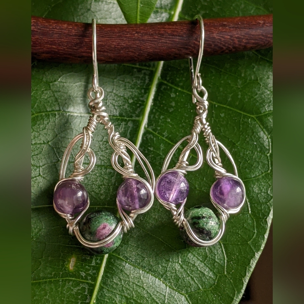 Artisanal Sterling Silver Earrings Amethyst And Ruby Zoisite Gemstones